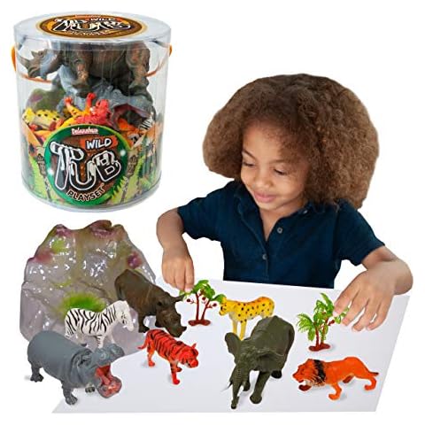 Deluxebase Tub Playset of Wild Forest Animals from Deluxebase. Set includes a Hippo, a Zebra, a Tiger, a Rhino, a Hyena, a Lion and an Elephant Cover