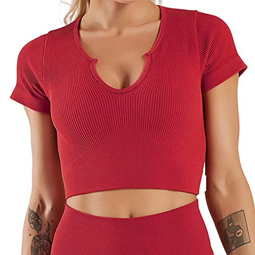 Basic Sexy Short Sleeve Crop Top Slim Fitted Seamless Casual Compression Workout Athletic Yoga Shirts Tiktok Chic Running T-Shirt Tank Red L