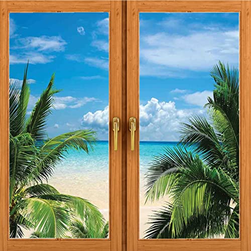 Tropical Privacy Window Film No Glue Frosted Glass Sticker Beach Relaxation Waterscape Island Honeymoon Traveling Seaside Shoreline For Home Nursery Uv Blocking Privacy W23.6 X H47 Inch #TOP26