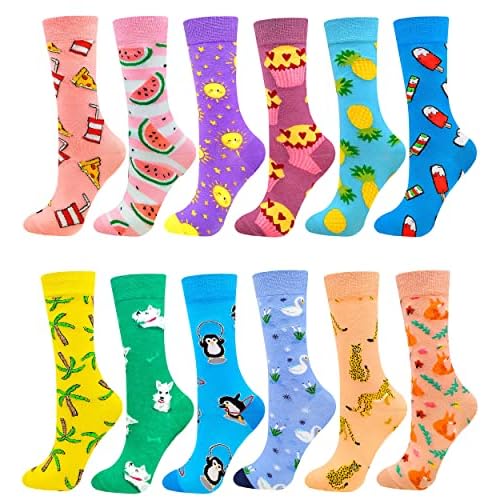 Colorful Socks for women Fun Funny Funky Animal Marvel Pattern Sock Calf Pack, Premium Cotton, Size 6-11 Large-X-Large 12 Pairs-food Pineapple Series0
