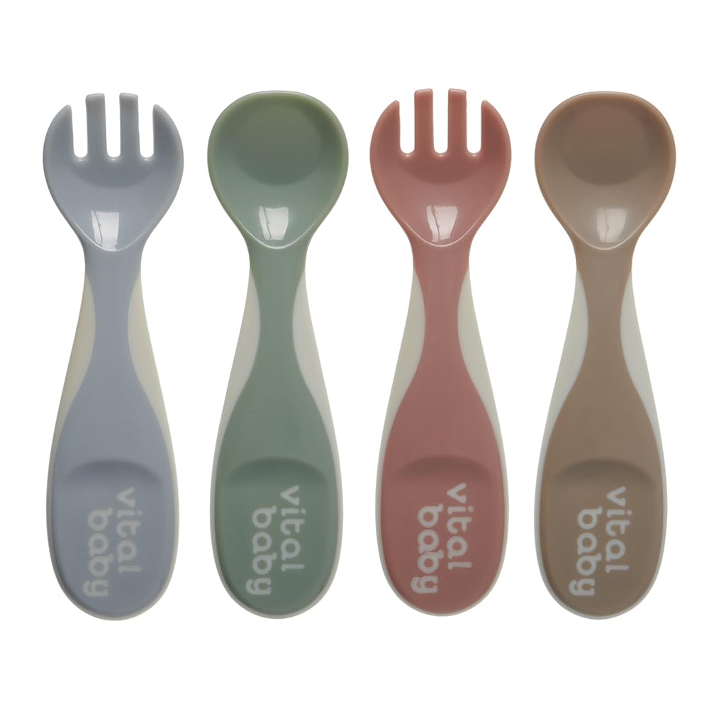Vital Baby Nourish Chunky Baby Spoon & Fork Set, Wide & Shallow Tips, Easy Grip for Self-Feeding, EarthSmart Biodegradable, BPA-Free, 4 Pack