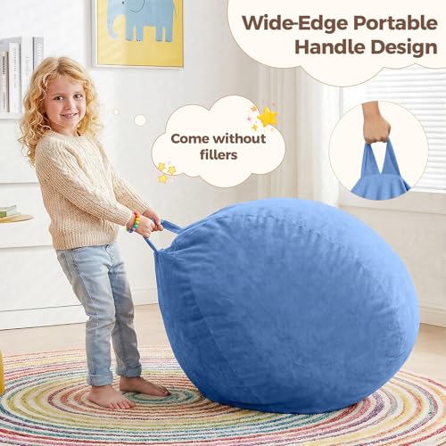 Image of Stuffed Animal Storage Bean Bag Chair Cover for Kids (No Filler), Soft Comfy Velvet Beanbag Chair Cover Machine Washable, Kids Bean Bag Chair with Handle for Living Room Bedroom Dorm,Dark Blue