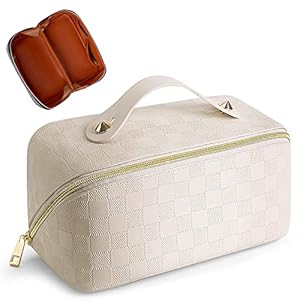 Large Capacity Travel Cosmetic Bag Plaid Checkered Makeup Bag Portable Leather Waterproof Skincare Bag with Handle and Divider for Women