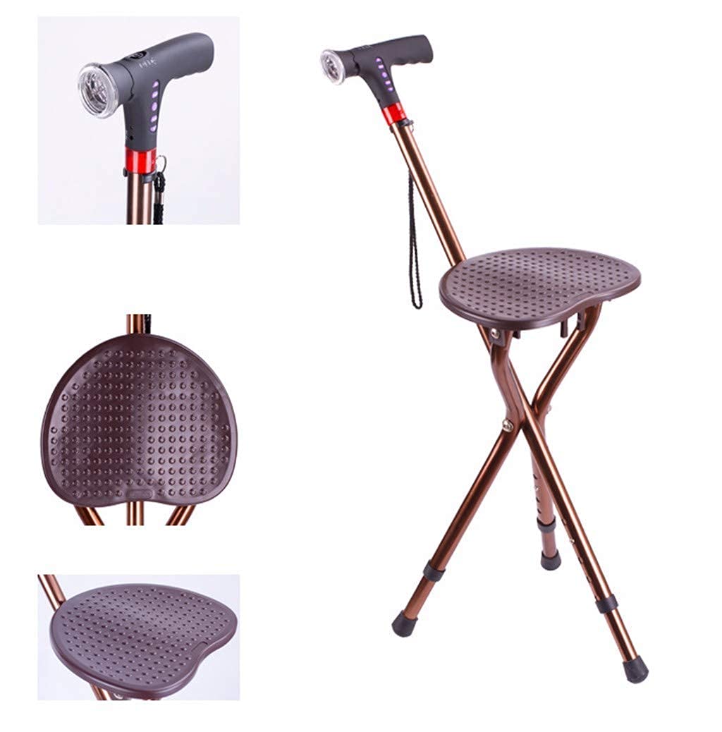 MObyat Andador para Ancianos,Bastón Muleta Taburete Plegable de Tres Patas con iluminación Silla con Alarma Bastón de Aluminio Taburete Altura Ajustable Ancianos Muleta-11.19