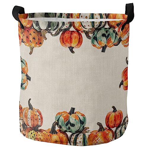 Collapsible Laundry Basket Watercolor Pumpkin Laundry Hamper with Handles Orange Storage Basket for Clothes Toys Bedroom Nursery Bathroom 16.5x17in