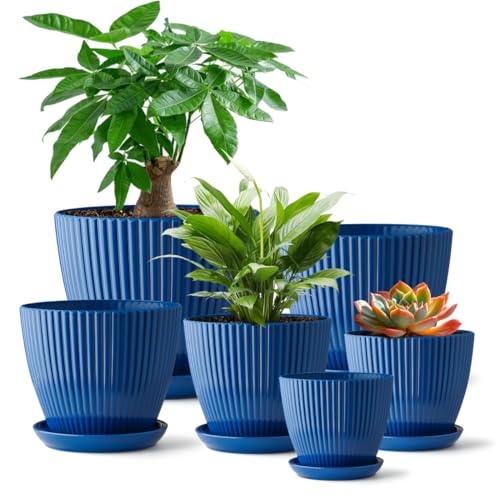 RooTrimmer 7.5/6.5/5.5/4.9/4.2/3.5 Inch Plant Pots with Saucers & Drain Holes - Indoor/Outdoor Flower Pots for Succulents Herbs Cactus - Modern Lightweight Durable Planter Set Blue
