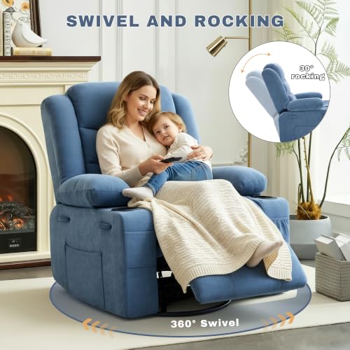 Image of Swivel Rocker Recliner Chair, Manual Recliner Single Sofa with Cup Holders, Chenille Fabric, Modern Nursery Rocking Chair with Side Pocket for Living Room, Apartment, Blue