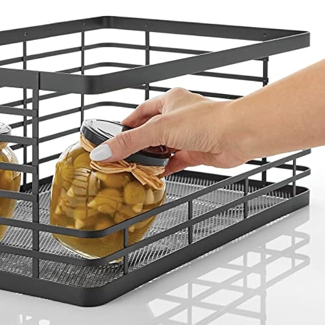 mDesign Wide Stackable Metal Wire Food Baskets with Open Front for Kitchen, Pantry, Cabinet, Countertop, Bin for Fruit, Vegetable, and Snack Storage Organizer, Carson Collection, 4 Pack, Matte Black