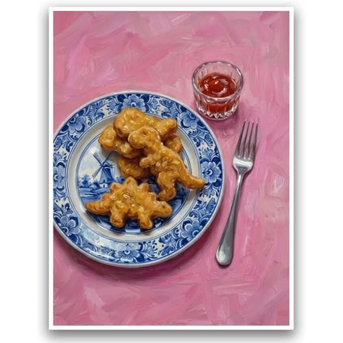 ZKFANKE Aesthetic Kitchen Decor Print Vintage Blue Plate Wall Art 16x12 Inch Unframed Pink Food Poster Nostalgic Food Art Prints for Bar Kitchen Decor Apartment Dining Spaces with Retro Style Details