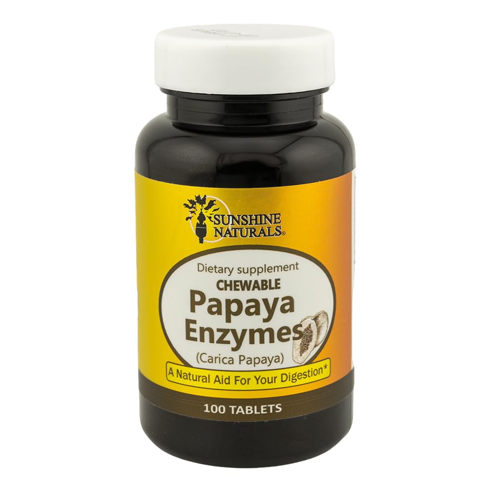 Sunshine Naturals Papaya Enzyme Chewable Digestive Health Supplement – 100 Tablets – Natural Digestive Aid with Papain