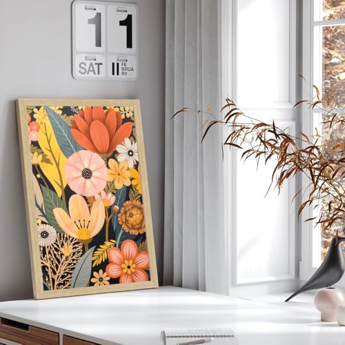 Image of ArtX Paper Boho Art Paintings with Frame for Home Decor, Floral Wall Painting for Living Room, Multicolor, Natural Wood Color Frames, Set of 2