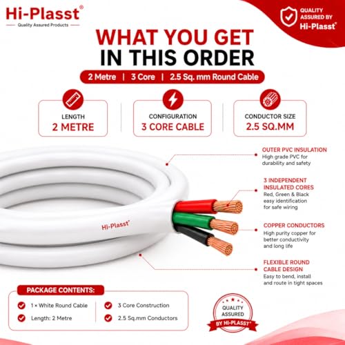 Image of Hi-Plasst 2 metre 3 Core Cable Wire 2.5 Sq.mm | Copper Flexible Round Wire with PVC Insulation | Electrical Cable for Air Conditioner, Geyser, Inverter, Water Pump & Home Use