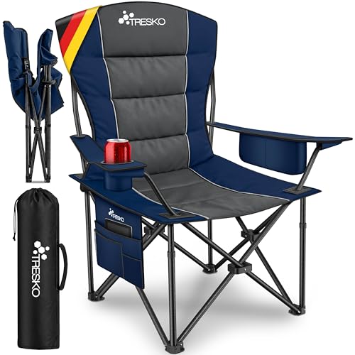 TRESKO® Campingstuhl Faltbar bis 200kg | Faltstuhl mit Kühltasche, Getränkehalter & Seitentasche | Klappstuhl XXL inkl. Tragetasche | Angelstuhl gepolstert für Outdoor, Angeln, Festival & Garten