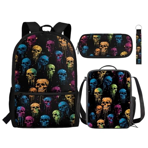 Set di 4 zaini per la scuola con contenitore per il pranzo astuccio per matite portachiavi zaino alla moda regalo per il rientro a Teschio colorato. Taglia unica Zaini Daypack