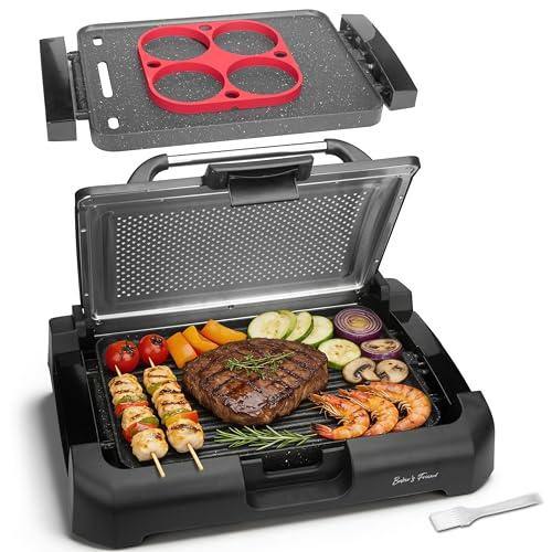 Baker’s Friend Indoor Searing Grill & Griddle, Electric Griddle with 2 in 1 Indoor Grill and Griddle Plate Indoor Grill with Removable Plate & Lid, Silicone Mold, Dishwasher Safe, Graphite