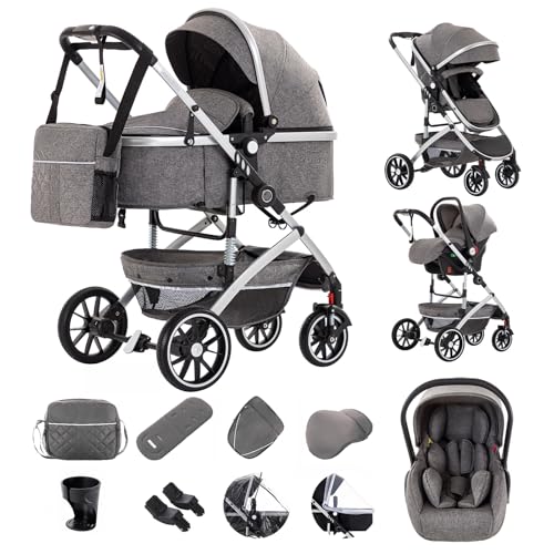 Gcarebb Cochecito 3 en 1, cochecitos de ciudad con asiento de coche, cochecito plegable portátil con un solo clic, cochecitos combinados de paisaje, marco de aluminio alto para recién nacidos de 0 a 4
