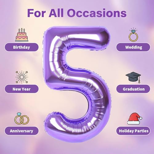 Image of Number Balloons for Birthday Decorations - 40 Inch Large Party Balloons 5, Purple Foil Number Balloons for Boys Girls, Balloons for Party Supplies