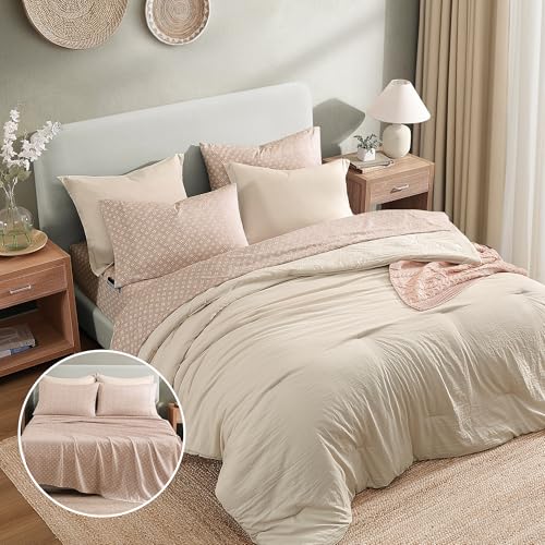 Monbix Full Size Comforter Set - 7 Pieces Beige Prewashed Bed in a Bag Full Bedding Sets with Comforters, All Seasons Ultra Soft Comforter Bed Set with Sheets,Pillowcases & Shams