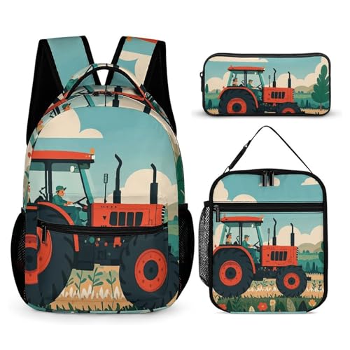 Tractor Farming Backpack Set 3 Piece, Durable Backpack Insulated Lunch Bag Portable Pencil Case for Men Women