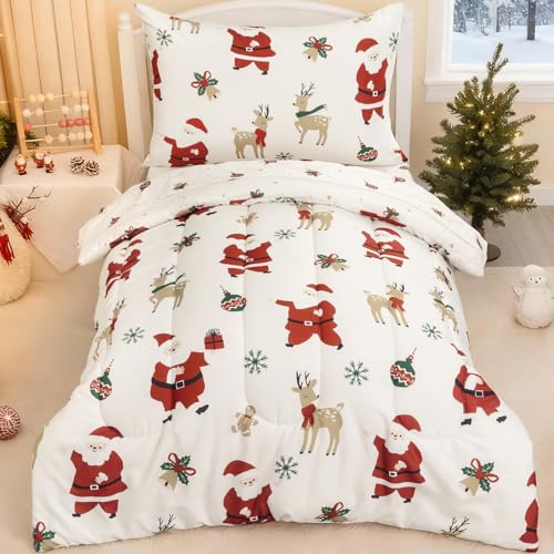 Image of david's kids 4 Piece Toddler Bedding Set - Soft Breathable Toddler Bedding Set for Girls, Includes Quilted Comforter, Flat Sheet, Fitted Sheet and Pillowcase, Christmas