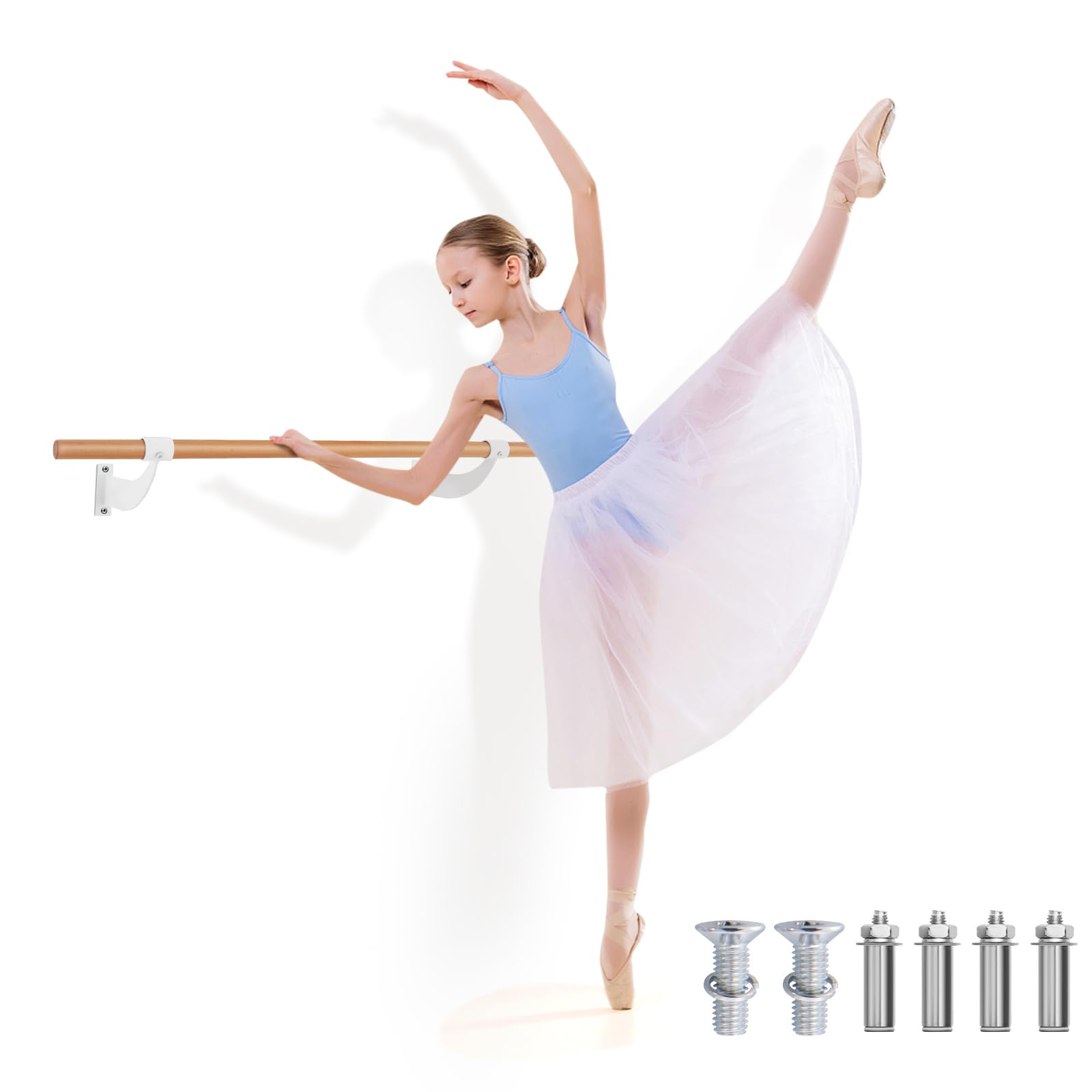 KOMFOTTEU Barre de ballet pour la maison, 38 mm de diamètre, en bois de hêtre, pour yoga, étirement, entraînement, poses de ballet, maison, salle de sport