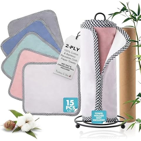Rainbows & Lilies 15 Reusable Paper Towels Plus Wet Bag & Cardboard Roll – 2-Ply Soft Absorbent 100% Cotton Bamboo Paper Towels - 12x11 Washable Zero Waste Paperless Hand & Kitchen Cleaning Cloths Cover