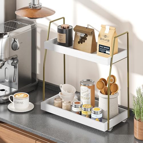 Image of Bathroom Countertop Organizer, Counter Organizer for Bathroom Decor | Wooden Sink Shelf for Vanity Storage, Makeup Tray for Perfume Skincare Bedroom Kitchen Coffee Bar (2 Tier, White and Gold)