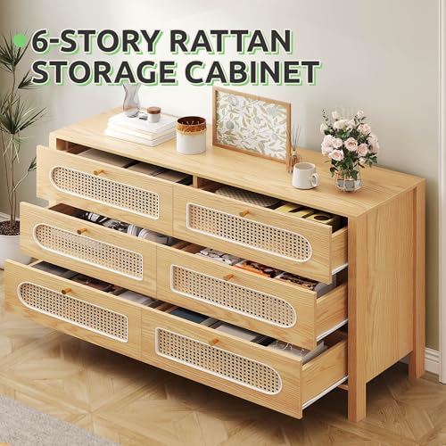 GOOBED Natural Rattan 6 Drawer Dressers - Oak Wooden Dresser Chest of Drawers with Golden Handles - Modern Large Boho Dressers Storage Cabinet for Living Room/Hallway/Entryway