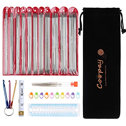 Coopay Juego de agujas de tejer, 55 unidades, acero inoxidable, con accesorios de punto y bolsa de almacenamiento, 2,0 - 6,5 mm, juego de agujas de tejer cortas y rectas para calcetines de 20 cm Cover