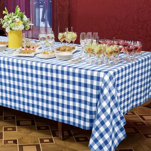 Image of Kochorie 54 Inch x 100 Ft Blue Checkered Plastic Table Cloth Roll Disposable Waterproof Table Cover Plastic Table Cover Roll with Easy Slide Cutter for Outdoor Picnic /Home Dining /Summer Party