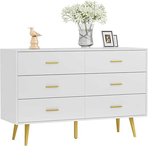 Miniatura 5 de CARPETNAL Cómoda blanca para dormitorio, cómoda de 6 cajones con cajones anchos y asas de metal dorado, aparadores de madera y cómoda de pasillo,