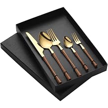 Flatware Silverware Set, 5/20/30/40pcs Imitation Wood Stainless Steel Cutlery Knife And Fork Hotel Household Steak Knife And Fork Spoon Gift Box, Tableware Cutlery SetBrown gold,8Set