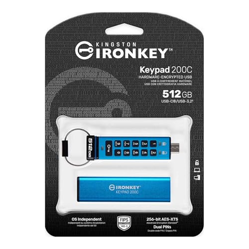 Image of Kingston Ironkey Keypad 200 USB-C 512GB Encrypted Flash Drive | OS Independent | FIPS 140-3 Level 3 | XTS-AES 256-bit | BadUSB and Brute Force Protection | Multi-Pin Option | IKKP200C /512GB
