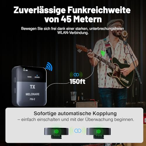 MELONARE PM-2 Tragbares kabelloses In-Ear-Monitor-System mit Ladecase, Sender & Empfänger, 24-Bit/48kHz Audio, OTG-Eingang, Mono/Stereo-Schalter, ideal für Live-Auftritte, Studio & Bands