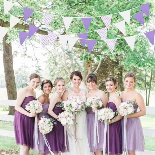 Image of Zwiebeco 39Ft Purple White Dot Fabric Bunting Banner Triangle Flags Hanging Cotton Garland Pennant for Wedding Birthday Tea Party Nursery Home Outdoor Garden Decorations