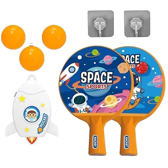 Jiand Ja Indoor Hanging Table Tennis Trainer Portable Set - Ping Pong Ball for Kids Table, 2 Racket & 2 Practice Ball with Adjustable Height- Self Training Games (Rocket n Space Design)-image-39