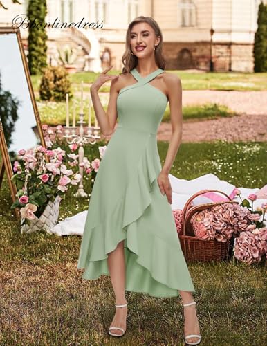 Image of Bbonlinedress Halter Cocktail Women Dresses Prom Formal Wedding Guest Bridesmaid Ruffled Maxi Hi-Lo Evening Party 2026 Dress
