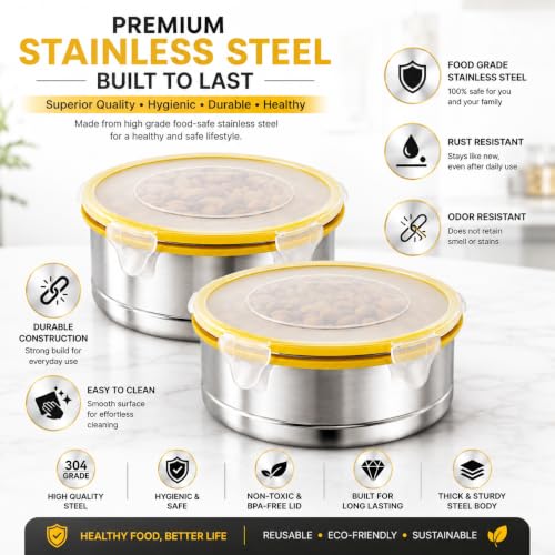Image of Stainless Steel Airtight Round Container with Leak Proof Lid | BPA Free Food Storage Lunch Box Dabba for Office College School Home Travel | Tiffin Box (5.50 x 12 cm Size) | Pack of 2,Yellow