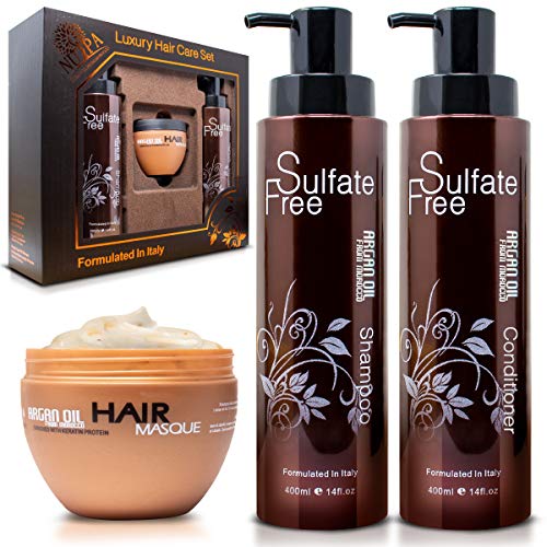 Nuspa Moroccan Argan Oil Conditioner, Shampoo and Hair Mask Set - Ultra Rich Care, Color Safe with Long Lasting Shine, Tangle, Frizz, and Sulfate Free - Formulated in Italy with Professional Finish