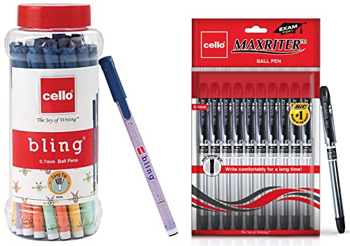 Image of Cello Bling Pastel Ball Pen | Blue & Black Ball Pens | Jar of 25 Maxriter Ball Pens | Pack of 10