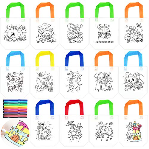 JJQHYC 14 pcs Sac à Colorier Non Tissé Sacs Graffiti Sac de Peinture pour Anniversaire des Enfants Doodle Activites Sacs de Fêtes