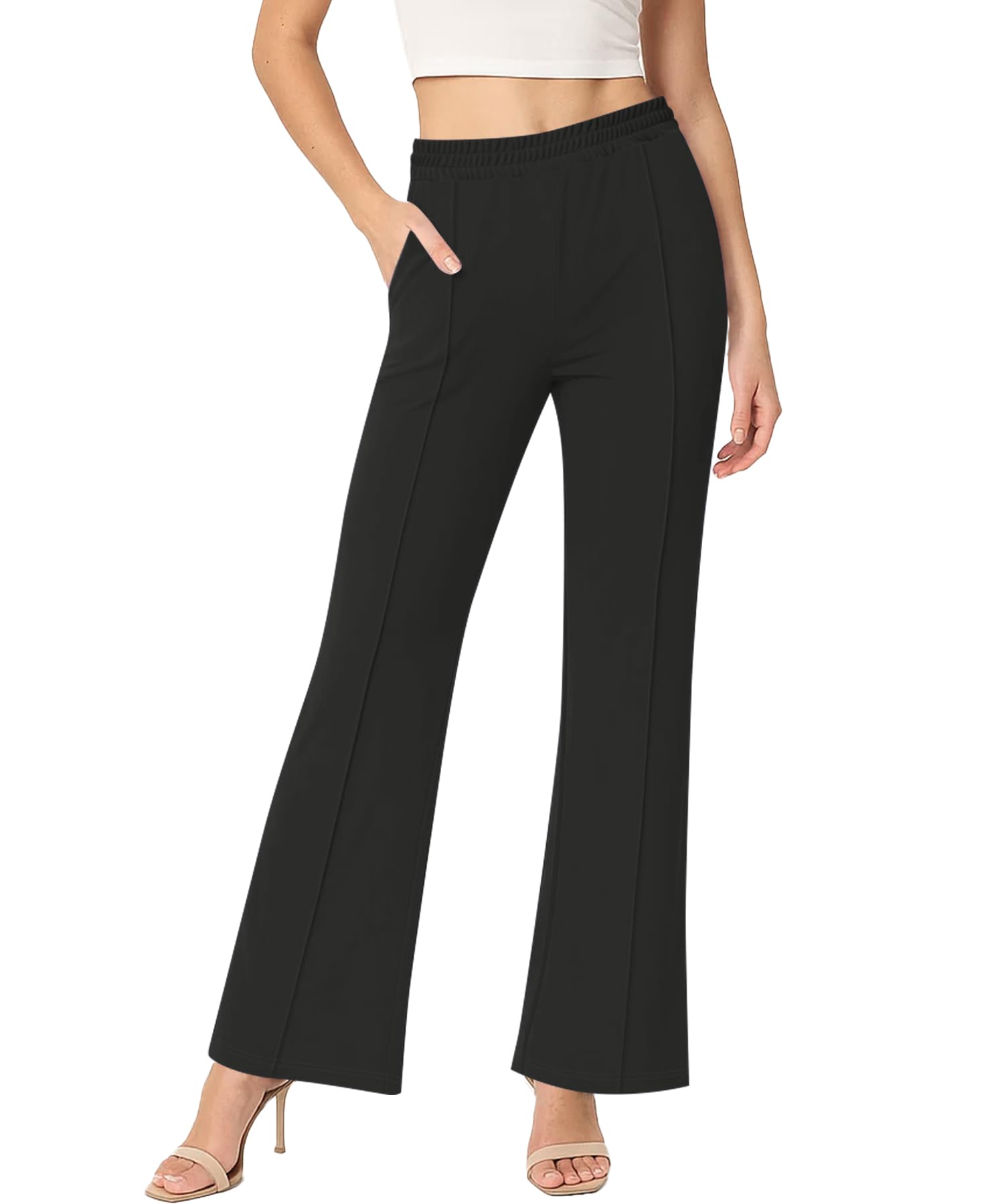 Womens High Waisted Flare Pants Stretchy Business Casual Holiday Trousers with Pockets for Women Trendy Black Medium