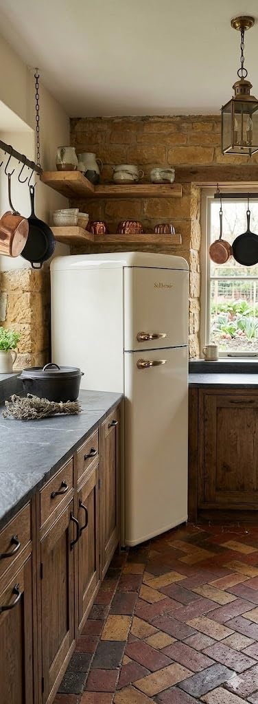 SOLTHERMIC FRIGORIFICO 2 PUERTAS CREMA RETRO TIRADORES DORADOS F2PR147C 220 LITROS, 147 CM ALTO X 55 ANCHO, BAJO CONSUMO Y SILENCIOSO