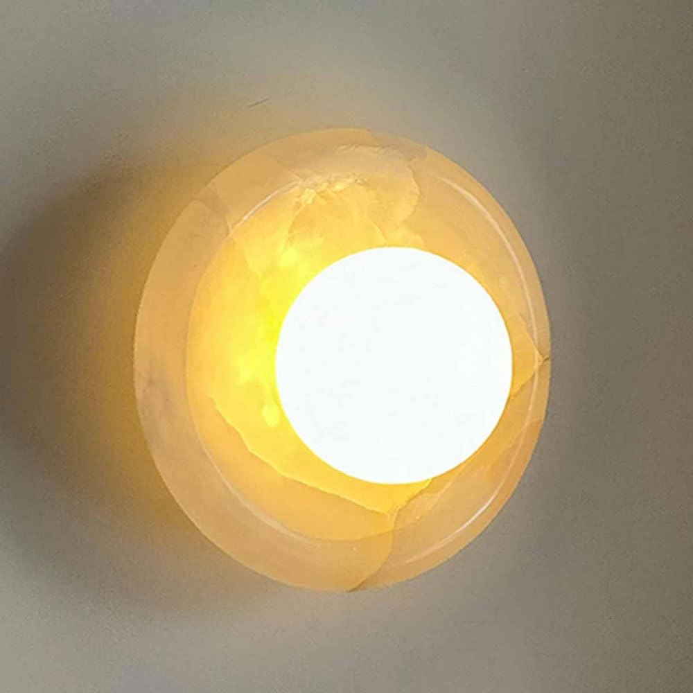 KXKLGWHN Round Marble Wall Light, Nordic Industrial Style Interior Wall Lamp, G9 Screw Alabaster Wall Sconce, Bedside Living Room Entrance Decorative Lighting Fixtures