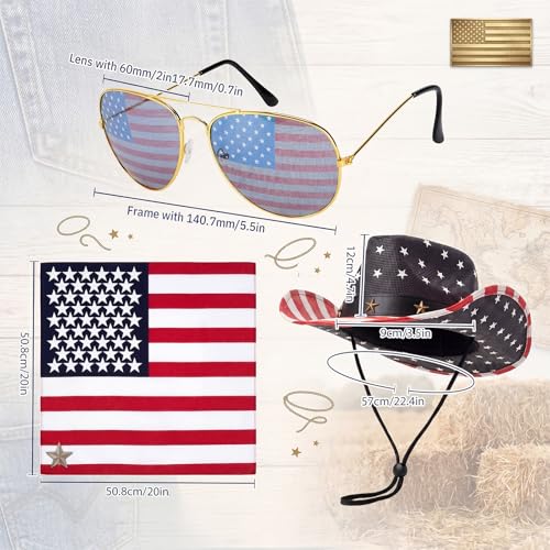 Image of 3 Pcs American Flag Cowboy Hat with Bandana and Glasses Cowboy Hat with Strap Halloween Cosplay Costumes for Masquerade