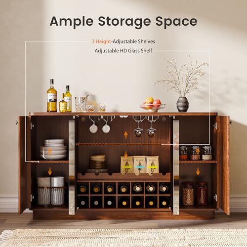 Image of Coffee Bar Cabinet with LED Light & Glass Doors, 60 inch Wine Liquor Cabinet with Wine Rack & Glass Holder & Adjustable Shelves, Coffee Station Sideboard Buffet Cabinet for Living Room Kitchen