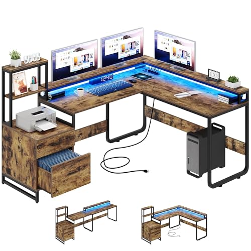 YITAHOME L Shaped Desk with Power Outlets & LED Lights, Reversible Computer Desk with Drawers & Hutch, Corner Office Desks with Monitor Stand, Printer Stand, Rustic Brown