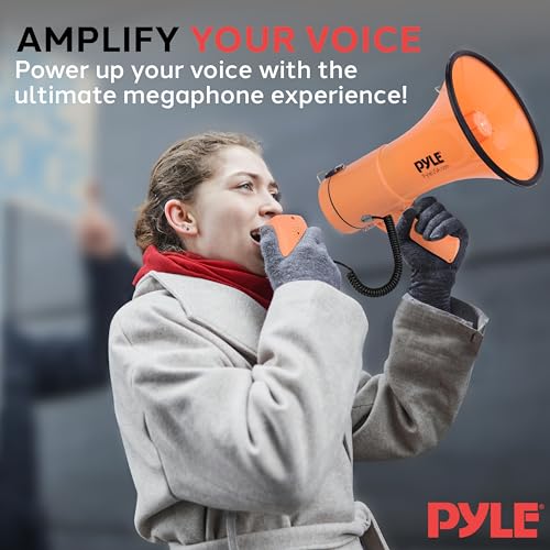 Pyle 50W Megaphone Bullhorn - Portable, Automatic Siren & Adjustable Volume,Projection Range Up to 1200 Square Yards, Aux Input, Talk, Siren, Music, Whistle, & Record, Shoulder Strap (Orange) by Pyle - Image 6