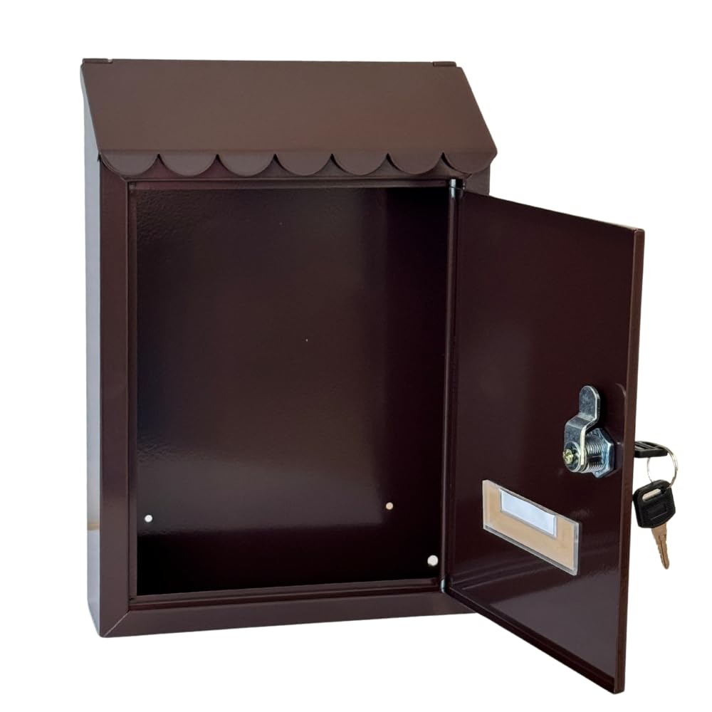 UTILIA Buzón de correos Capri 21 x 6 x 30 cm, porta cartas de chapa pintada con techo, solapa superior trasera, buzón exterior con cerradura de cilindro, 2 llaves (marrón)
