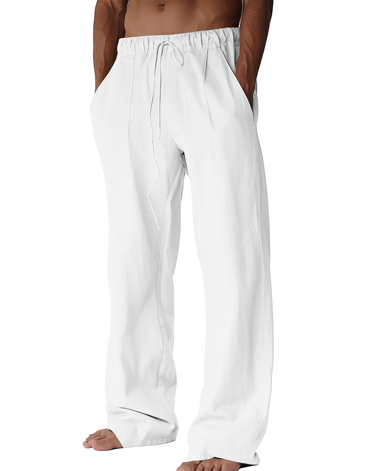 BUXKR Mens Linen Pants Beach Casual Cotton Summer Lightweight Elastic Waist Drawstring with Deep Pockets